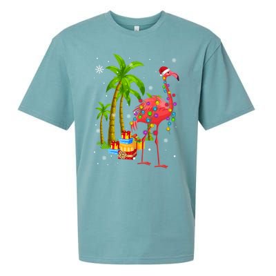 Pink Flamingo Christmas Palm Tree Tropical Xmas Funny Meaningful Gift Sueded Cloud Jersey T-Shirt