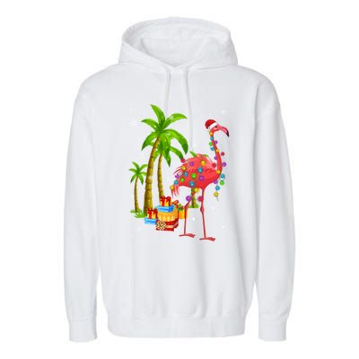 Pink Flamingo Christmas Palm Tree Tropical Xmas Funny Meaningful Gift Garment-Dyed Fleece Hoodie