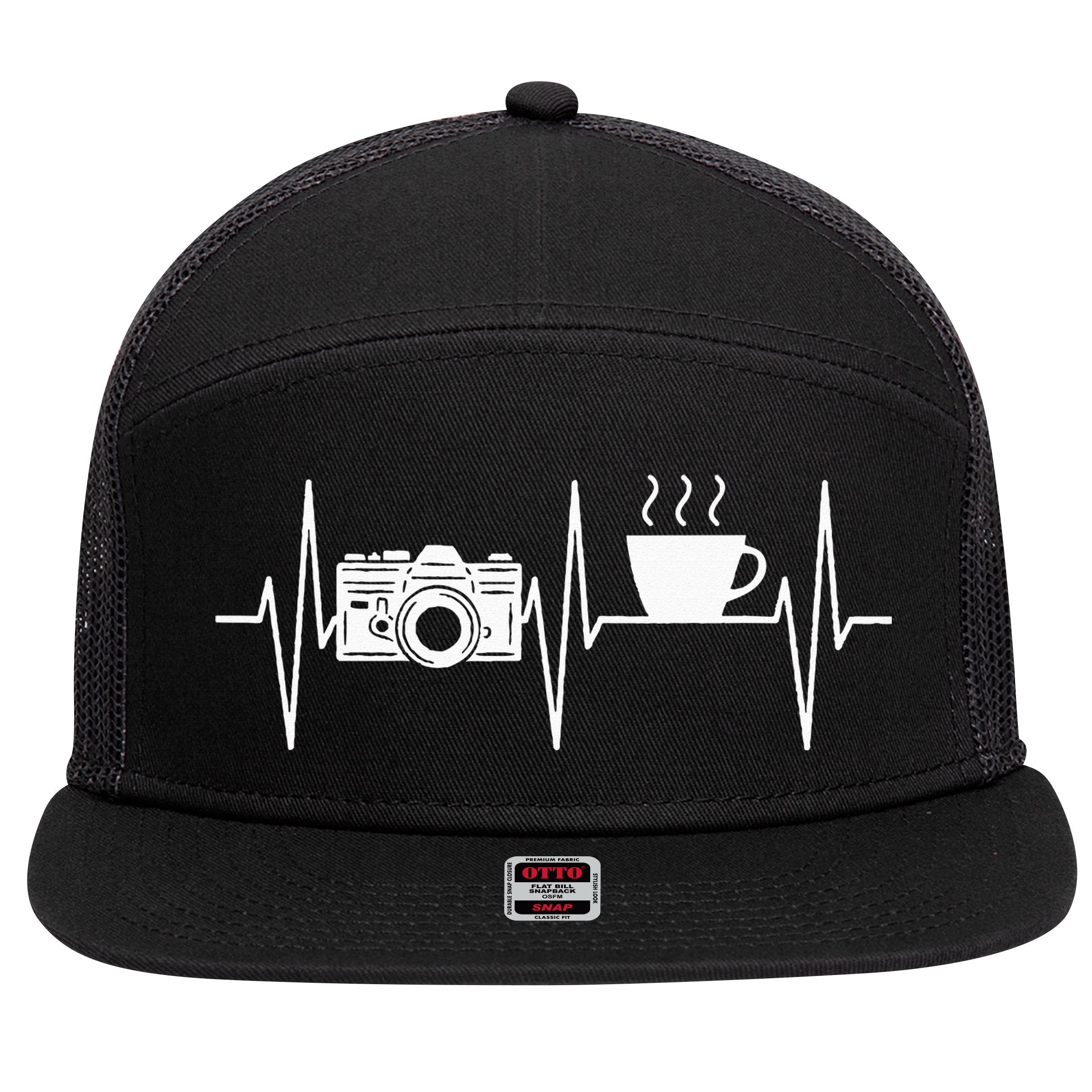 Photographer Funny Coffee Lover Camera Photography 7 Panel Mesh Trucker Snapback Hat