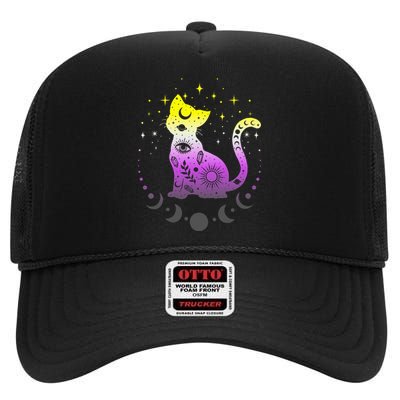 Pride Flag Colors N.O.N.B.I.N.A.R.Y Astronomy Cat High Crown Mesh Back Trucker Hat