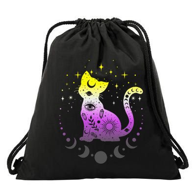 Pride Flag Colors N.O.N.B.I.N.A.R.Y Astronomy Cat Drawstring Bag