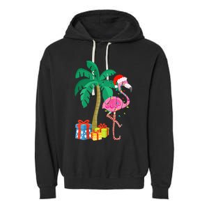 Pink Flamingo Christmas Palm Tree Tropical Xmas Funny Garment-Dyed Fleece Hoodie