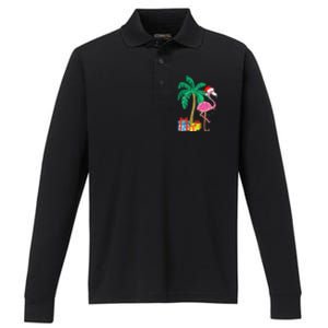 Pink Flamingo Christmas Palm Tree Tropical Xmas Funny Performance Long Sleeve Polo