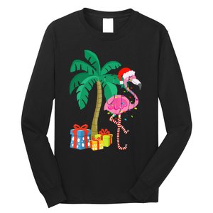 Pink Flamingo Christmas Palm Tree Tropical Xmas Funny Long Sleeve Shirt