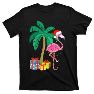 Pink Flamingo Christmas Palm Tree Tropical Xmas Funny T-Shirt