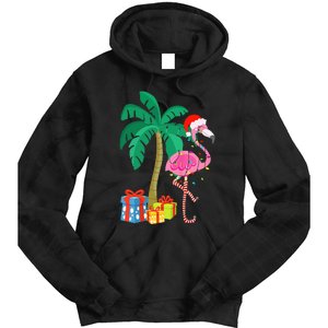 Pink Flamingo Christmas Palm Tree Tropical Xmas Funny Tie Dye Hoodie