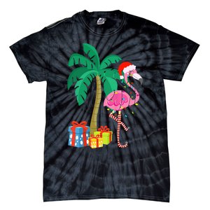 Pink Flamingo Christmas Palm Tree Tropical Xmas Funny Tie-Dye T-Shirt