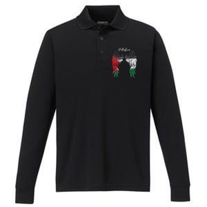 Palestine Flag Dad On Back Side Palestinian Angel Wings Performance Long Sleeve Polo