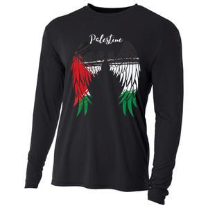 Palestine Flag Dad On Back Side Palestinian Angel Wings Cooling Performance Long Sleeve Crew