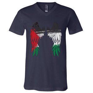 Palestine Flag Dad On Back Side Palestinian Angel Wings V-Neck T-Shirt