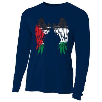 Palestine Flag Dad On Back Side Palestinian Angel Wings Cooling Performance Long Sleeve Crew