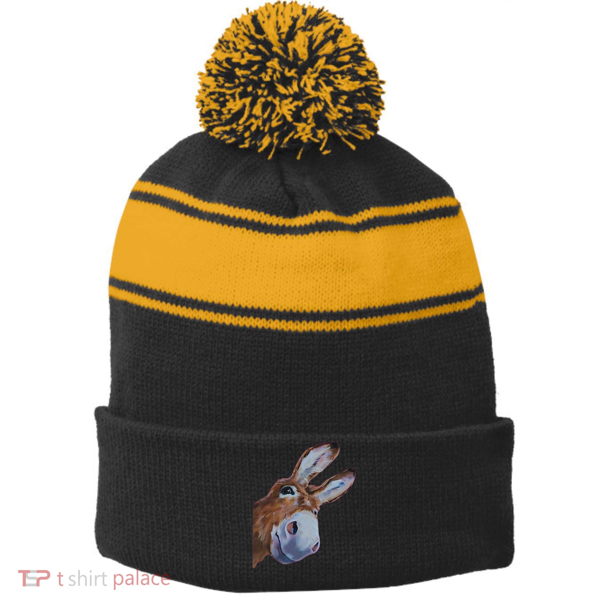 Peachbruh Funny Donkey Art Donkey Head Smile Eagerly Donkey Stripe Pom Pom Beanie