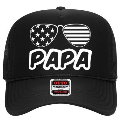 Papa Fathers Day Dad America Usa Flag Sunglasses High Crown Mesh Back Trucker Hat