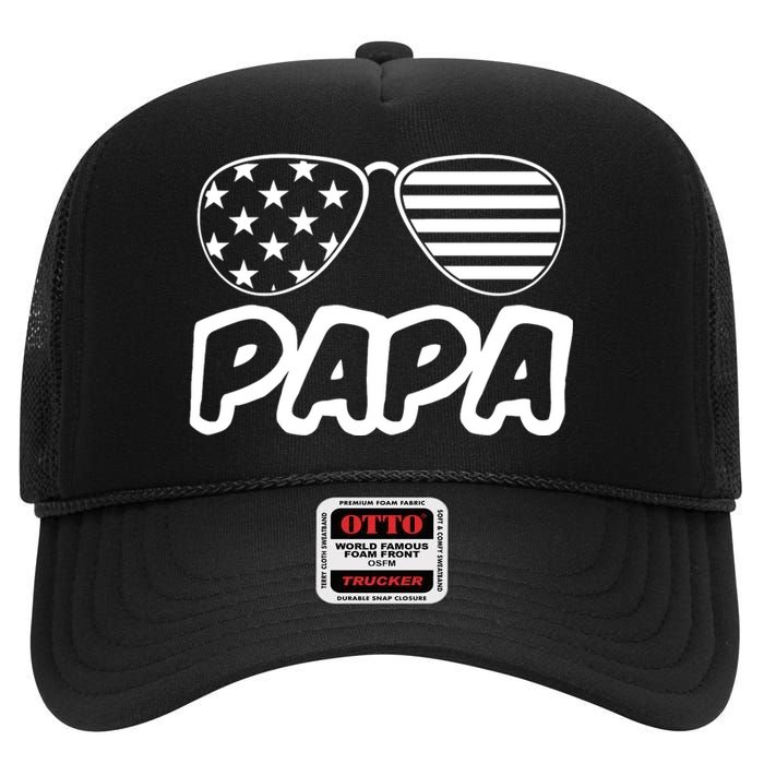 Papa Fathers Day Dad America Usa Flag Sunglasses High Crown Mesh Back Trucker Hat