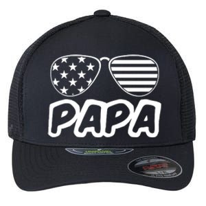 Papa Fathers Day Dad America Usa Flag Sunglasses Flexfit Unipanel Trucker Cap