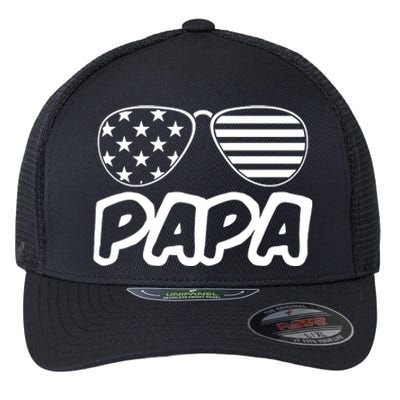 Papa Fathers Day Dad America Usa Flag Sunglasses Flexfit Unipanel Trucker Cap