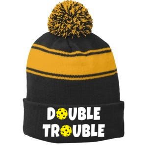 Pickleball Funny Double Trouble Team TShirt Stripe Pom Pom Beanie