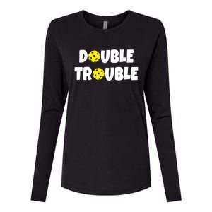 Pickleball Funny Double Trouble Team TShirt Womens Cotton Relaxed Long Sleeve T-Shirt