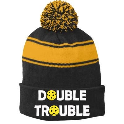Pickleball Funny Double Trouble Team Stripe Pom Pom Beanie