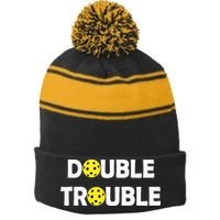 Pickleball Funny Double Trouble Team Stripe Pom Pom Beanie