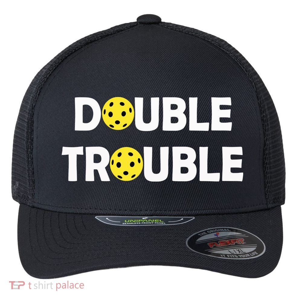Pickleball Funny Double Trouble Team Flexfit Unipanel Trucker Cap