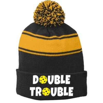 Pickleball Funny Double Trouble Team Stripe Pom Pom Beanie