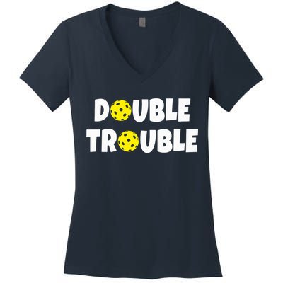 Pickleball Funny Double Trouble Team Women's V-Neck T-Shirt