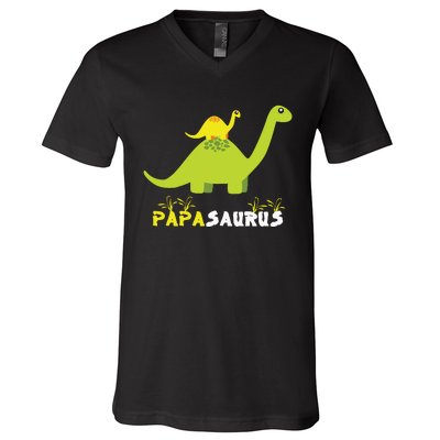 Papasaurus Funny Dinosaur Dad Papa Saurus Father's Day V-Neck T-Shirt