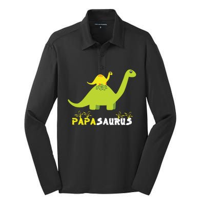 Papasaurus Funny Dinosaur Dad Papa Saurus Father's Day Silk Touch Performance Long Sleeve Polo