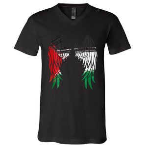 Palestine Flag Dad On Back Side Palestinian Angel Kids Wings V-Neck T-Shirt