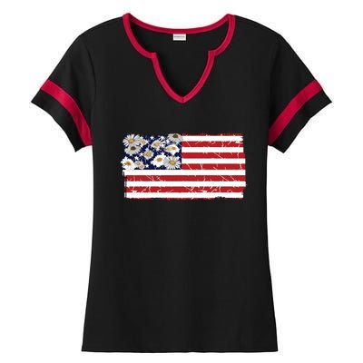 Patriotic Flag Distressed Flag & Daisies Ladies Halftime Notch Neck Tee