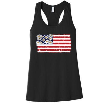 Patriotic Flag Distressed Flag & Daisies Women's Racerback Tank