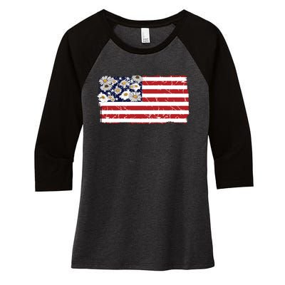 Patriotic Flag Distressed Flag & Daisies Women's Tri-Blend 3/4-Sleeve Raglan Shirt