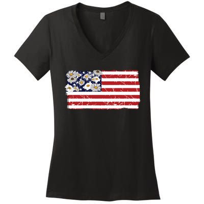 Patriotic Flag Distressed Flag & Daisies Women's V-Neck T-Shirt