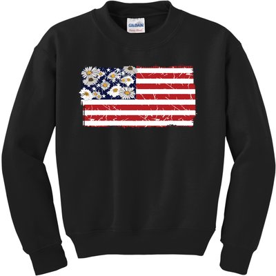 Patriotic Flag Distressed Flag & Daisies Kids Sweatshirt