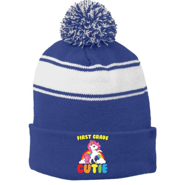 Ph First Day Of School 1St First Grade Cutie Unicorn Gift Cool Gift Stripe Pom Pom Beanie