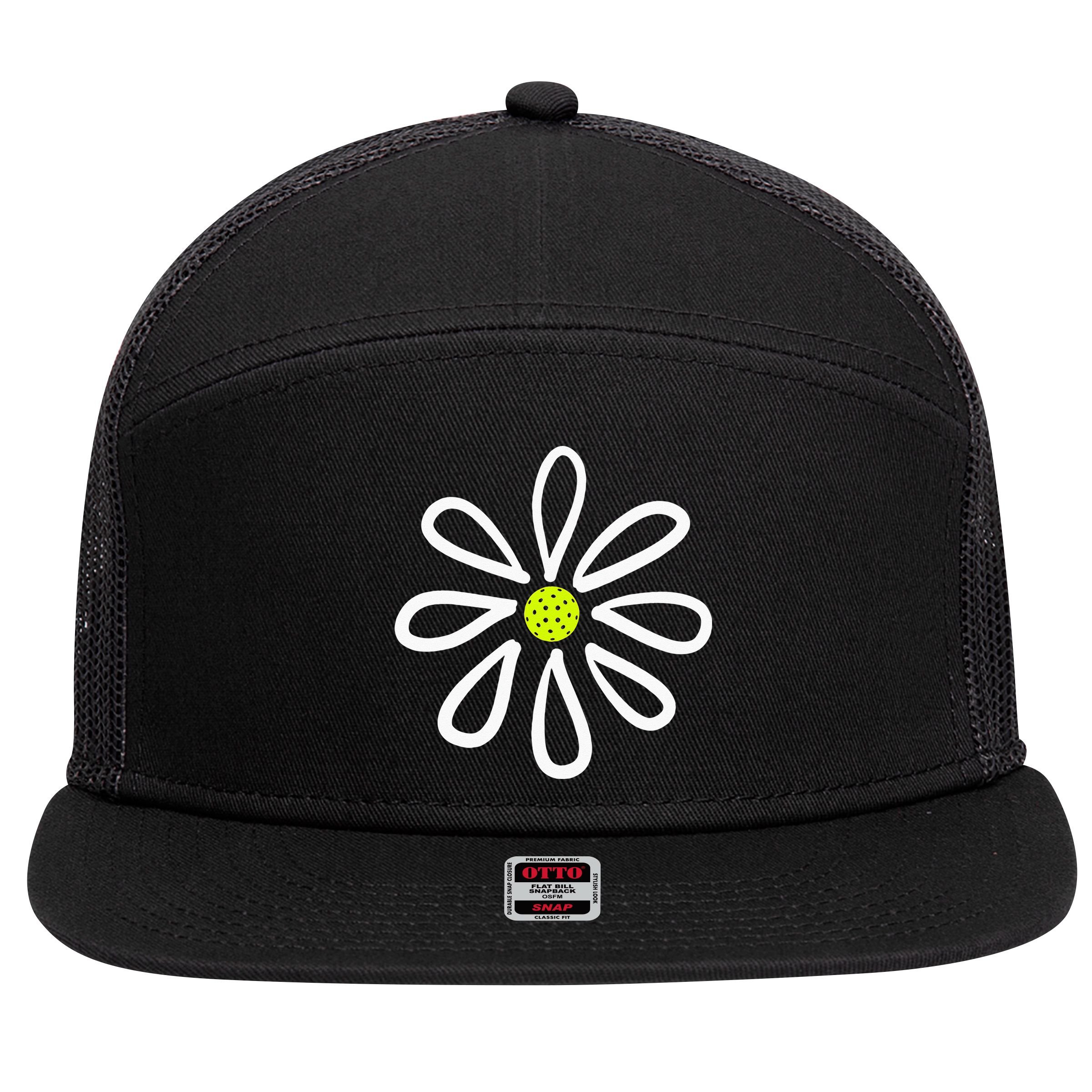 Pickleball Flower Daisy Pickleball Center 7 Panel Mesh Trucker Snapback Hat