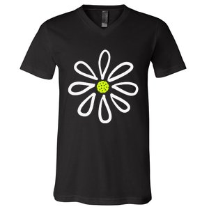 Pickleball Flower Daisy Pickleball Center V-Neck T-Shirt