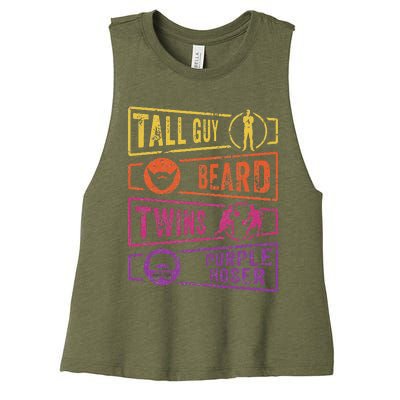 Perfect for dude TALL GUY BEARD TWINS PURPLE HOSER Women's Racerback Cropped Tank