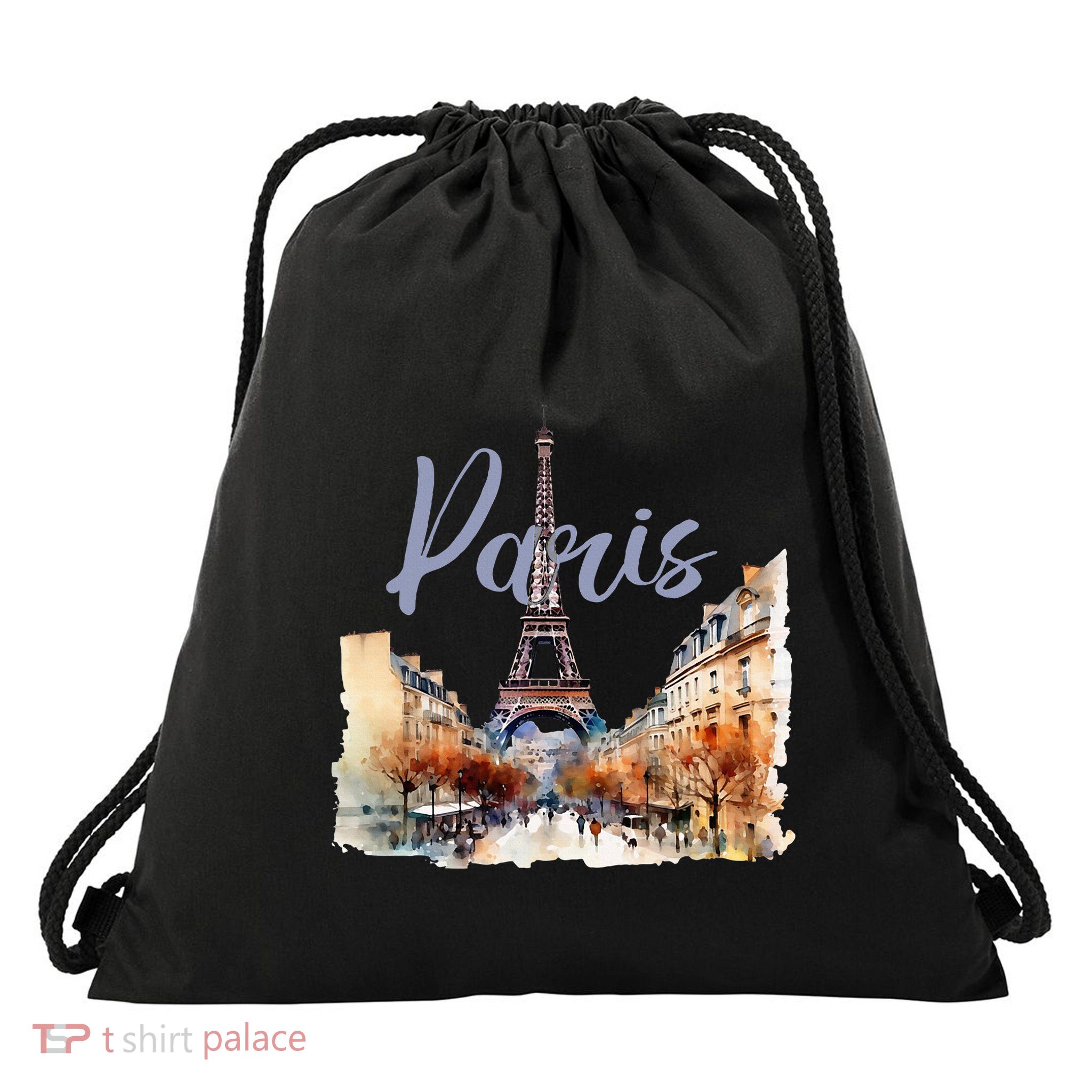 Paris France Eiffel Tower Watercolor Drawstring Bag