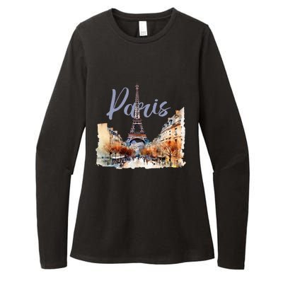 Paris France Eiffel Tower Watercolor Womens CVC Long Sleeve Shirt