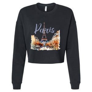 Paris France Eiffel Tower Watercolor Cropped Pullover Crew