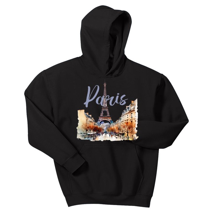 Paris France Eiffel Tower Watercolor Kids Hoodie