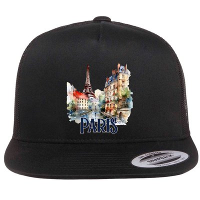 Paris France Eiffel Tower Watercolor Flat Bill Trucker Hat