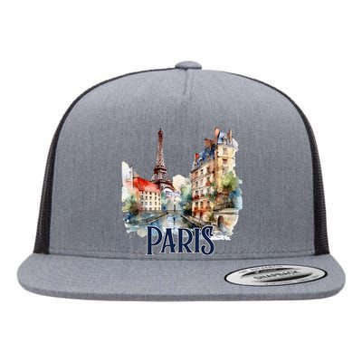 Paris France Eiffel Tower Watercolor Flat Bill Trucker Hat