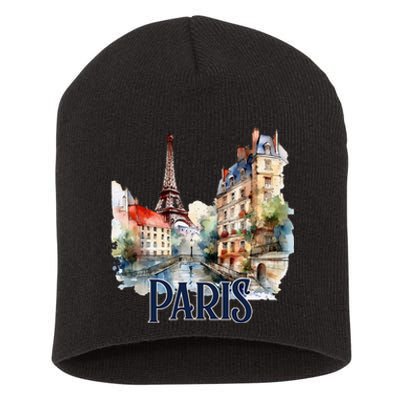 Paris France Eiffel Tower Watercolor Short Acrylic Beanie