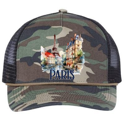 Paris France Eiffel Tower Watercolor Retro Rope Trucker Hat Cap