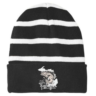 Pure Fishigan Fisherman State Of Michigan Fishing Striped Beanie with Solid Band