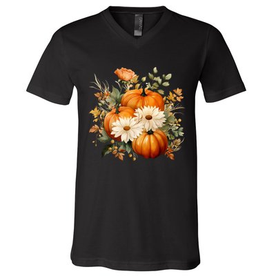 Pumpkin Fall Floral Festive V-Neck T-Shirt