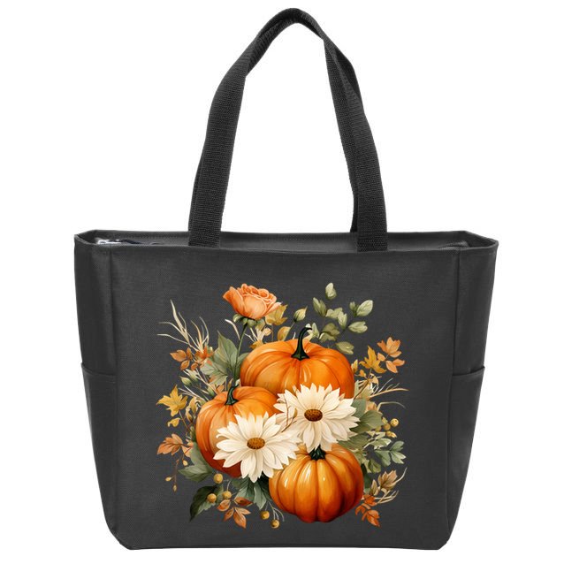Pumpkin Fall Floral Festive Zip Tote Bag